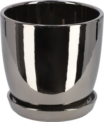 Productafbeelding van KOTARBAU® Bloempot, keramische bloempot, sierpot voor bloemen en planten, diameter 15 cm, met lekbak, binnen en buiten, grijs
