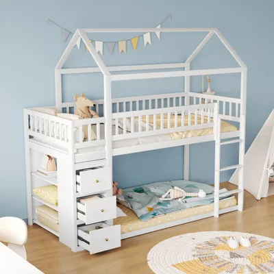 Produktbild von UnboxG Kinderbett Etagenbett 90x200 cm mit Treppe und Rausfallschutz, Dach und Lattenrost, Hochbett Kieferholzbett Kinderbett für 2 kinder, Weiß