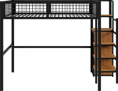 Produktbild von Hochbett 140x200cm Kinderbett (Ohne Matratze) Eisenbett Metallbett Mit Sicherheitsleiter Kleiderschrank und Computertisch Mit Lagerregal Schwarz