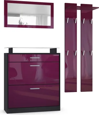 Produktbild von Vladon Garderobe Loret mini, Garderobenset bestehend aus 1 Schuhschrank, 1 Wandspiegel und 2 Garderobenpaneele, Schwarz matt/Brombeer Hochglanz