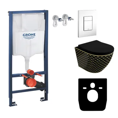 Produktbild von GROHE Vorwandelement Solido + Wand Hänge WC Sofi Slim Black Night Schwarz Spülrandlos + WC-Sitz SoftClose | Glänzend Weiß Knopf | Komplettset |Unterputz Spülkasten |  Toilette Komplett Sett