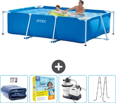 Produktbild von Intex-Schwimmbecken mit rechteckigem Rahmen – 260 x 160 x 65 cm – Blau – im Lieferumfang enthalten Sonnensegel - Wartungspaket - Filterpumpe für Schwimmbad - Leiter