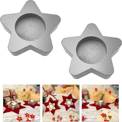 Produktbild von Oblique Unique Stern Teelichthalter 2er Set Kerzenhalter Sterne aus Holz - Tisch Deko für Winter Weihnachten silber
