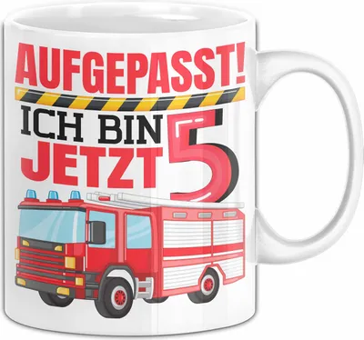 Produktbild von 5. Geburtstag Geschenk Tasse Becher Jungs Feuerwehr Aufgepasst Ich Bin Jetzt 5 (Weiß)