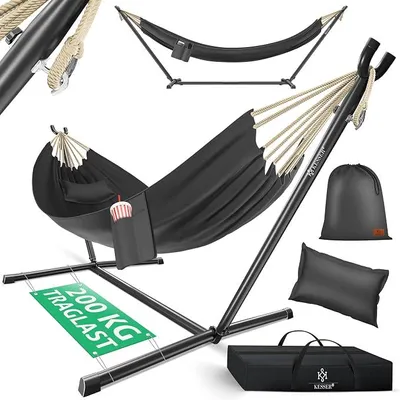 Produktbild von Hängematte Lake mit Gestell, Doppel für 2 Personen, 200kg Belastbarkeit, Indoor & Outdoor, XXL Hängesessel, Garten, Pool, Balkon, Terrasse, Inkl. Kissen, Beutel & Tasche, Anthrazit