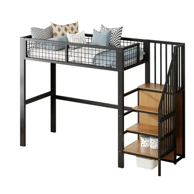 Produktbild von Hochbett mit Lattenrost und Rausfallschutz, 90x200 cm, Metallbett mit Kleiderschrank, Jugendbett