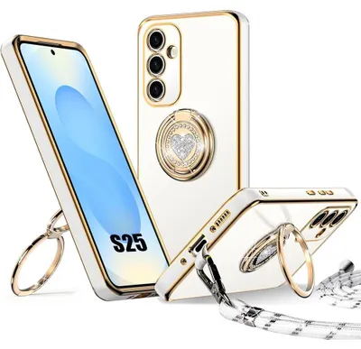 Image de Coque pour Samsung Galaxy S25, Protection Ultra Slim Silicone avec Anneau Motif Coeur et Cordon - Blanc