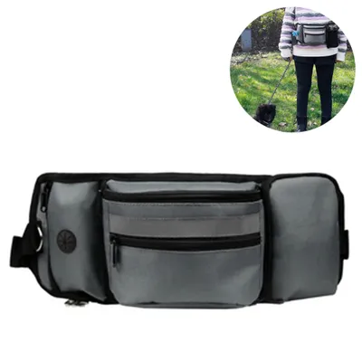 Produktbild von FeelGlad Gürteltasche für Hundebesitzer & Hundetraining, wetterfest, Hüfttasche, Bauchtasche, Leckerlibeutel, Polyester, atmungsaktives Mesh, Kunststoff, grau, 40x14,5 cm, Karabiner zur Leinenbefestigung, schnell reinigbare Futtertasche