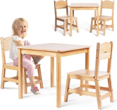 Obrázek produktu pro Dětský dřevěný stůl Mamabrum se 2 židlemi - přírodní borovicové dřevo, ergonomická dětská sada