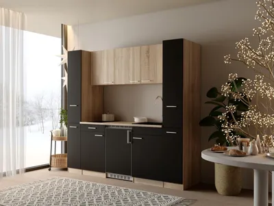 Produktbild von Küche Küchenzeile Einbauküche Singleküche Eiche Schwarz Ingrid 210 cm Respekta