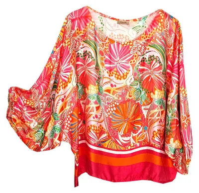 Produktbild von Tunika Schlupfbluse FLOWERS Orange-Bunt 38/40/42 Fledermausärmel