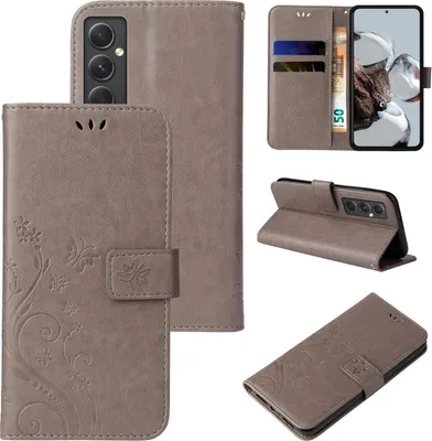 Collage of images showing a flip phone case from different angles, including open, closed, and standing positions.
