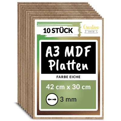 Produktbild von Creative Deco 10 x A3 MDF Platten Einseitig Lackiert Eiche | 420 x 300 x 3 mm | Dünne Holz-Platten für Laser, CNC Router, Modellierung, Laubsäge