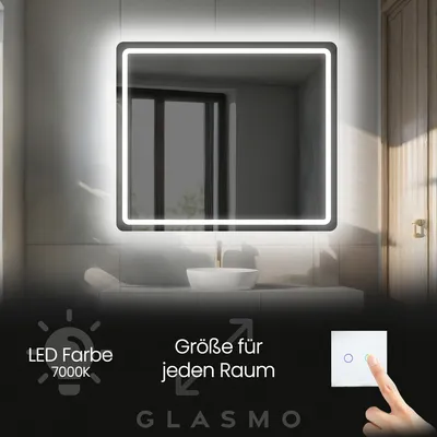 A bathroom scene featuring a lit mirror above a sink, with text overlays and a hand interacting with a light switch.