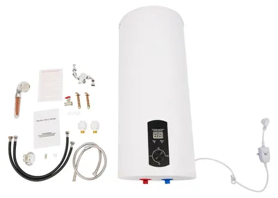 Immagine prodotto di Scaldabagno elettrico - Boiler da 60 l - Con doccetta e rubinetteria - Montaggio verticale - 220 V 2000 W - IPX4 - Attacco G1/2 - 25–75 °C - Bianco