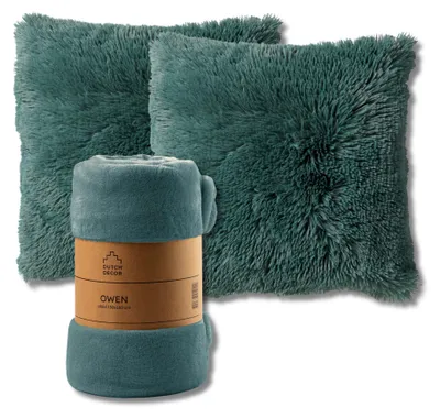 Produktbild von Dutch Decor SPARSET - 3-teilig - Fluffy & Owen - 2 Dekokissen 45x45 cm - 1 Plaid 130x160 cm - Grün