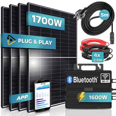 Produktbild von SUNNIVA® 1700W Balkonkraftwerk komplett Steckdose - ASTRO-E 2000W Micro Wechselrichter - PV Solaranlage, 4x 425W Solarmodule 5m Kabel, WIFI, Bluetooth