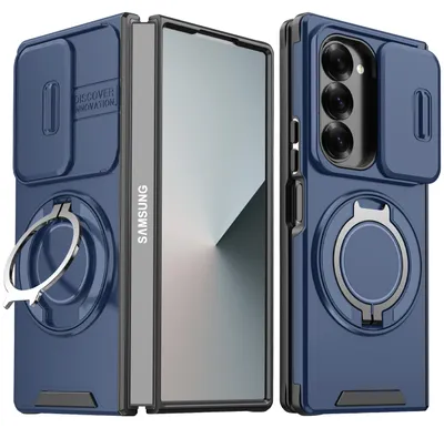 Produktbild von Handyhülle für Samsung Galaxy Z Fold6 Dual-Layer Stoßfest Militär Hülle mit Dia Kameraschutz, Magnetisch Ring Ständer Blau