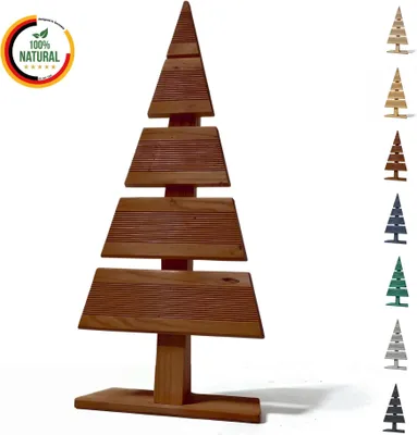 A wooden decorative Christmas tree is shown with multiple color variants displayed on the right. A '100% Natural' badge is in the top left corner.