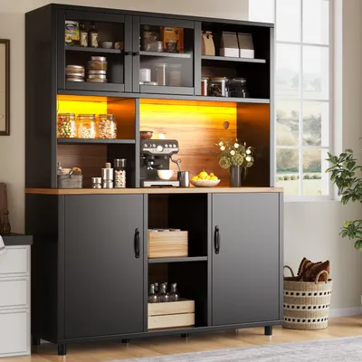 Immagine prodotto di Flieks: armadio alto da cucina con ripiani regolabili in altezza, mobile da cucina a buffet con LED e USB, 140x40x185 cm, nero