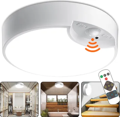 Image de Plafonnier LED avec détecteur de mouvement à radar 6500K, lampe plate avec détecteur de mouvement pour l'intérieur, plafonnier rond de 19 cm pour couloir et garage