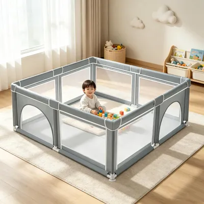 Produktbild von Baby Laufgitter faltbar 180x150cm Laufstall Krabbelgitter mit Tragetasche Grau
