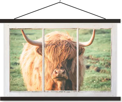 Produktbild von MuchoWow® Textilposter Schottische Hochlandrind - Natur - Ansicht 60x40 cm mit schwarzem Rahmen - Hölzernes