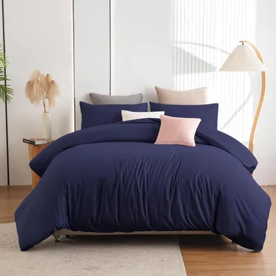Productafbeelding van Beddengoedset 220x240 cm, marineblauw, microvezel, kreukvrij, 2 kussenslopen 80x80 cm, met rits