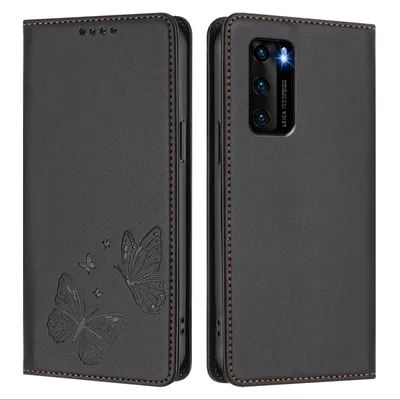 Obrázek produktu pro Kožené pouzdro pro Huawei P40, motýlí ražbou, peněženkové flip pouzdro se stojánkem Černá