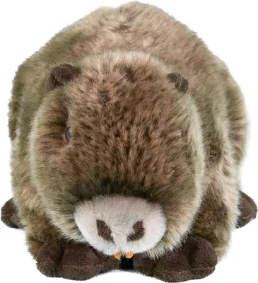 A plush toy nutria (beaver) lying down, facing forward, against a white background.