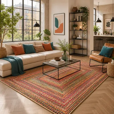 Produktbild von Salsa Juteteppich Bunt – Handgefertigter Naturfaser Teppich aus Jute, Größe:140x200 cm