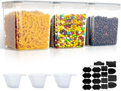 Produktbild von Unyqoos® 3er Set BPA-freie Kunststoff-Vorratsdosen, transparent, luftdichte Deckel mit Silikondichtung, stapelbar – inkl. Messbecher & 24 Etiketten