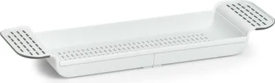 A white plastic bath caddy with gray accents.