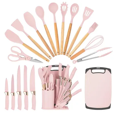 Produktbild von Küchenmesser Set, Hochkohlenstoff-Edelstahl, Silikonutensilien, Rosa