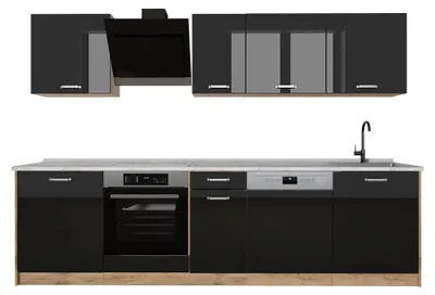 Immagine prodotto di Cucina componibile Vicco R-Line Nero lucido/Rovere dorato 280 cm piano di lavoro Marmo, Model 66400