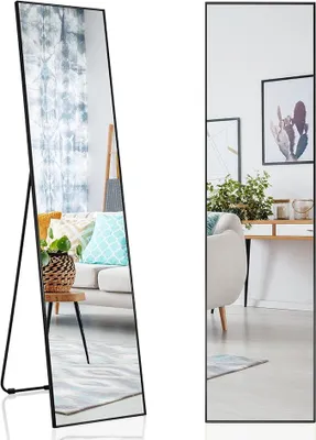 Produktbild von 160 x 40 cm Ganzkörperspiegel, 2 in 1 Standspiegel und Wandspiegel, Ankleidespiegel, Garderobenspiegel für Schlafzimmer, Wohnzimmer und Eingangsbereich (schwarz)