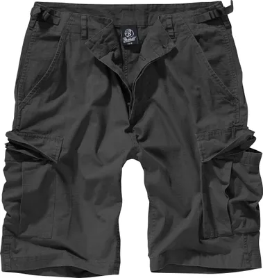 A pair of black cargo shorts laid flat.