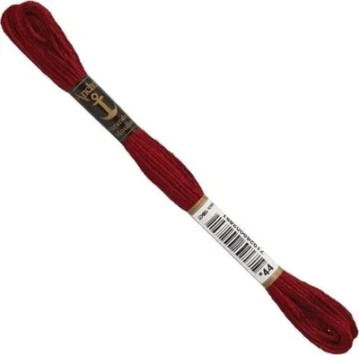 A single skein of red embroidery thread is shown diagonally against a white background.