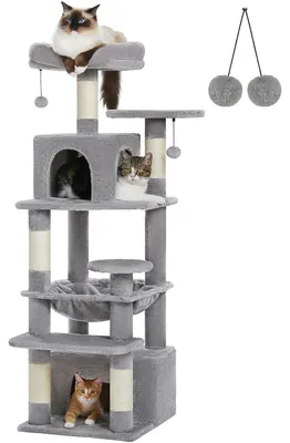 Produktbild von Kratzbaum Kletterbaum - 6 Ebenen 136 cm - Hängematte - Doppelhöhlen - 2 Liegeflächen - 5 Kratzsäulen - Für Wohnungskatzen - Grau