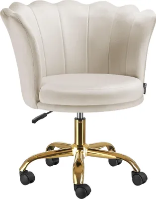 A cream-colored velvet office chair with a gold base and wheels, shown against a white background.