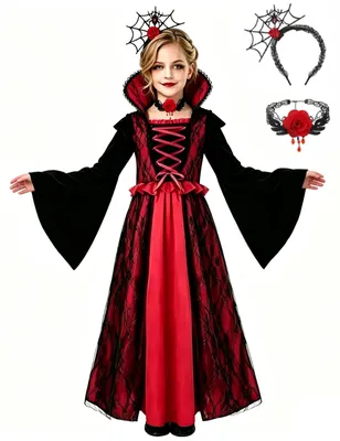 Vampirkostüm für Mädchen, Halloween, L (7-9 Jahre), Rot