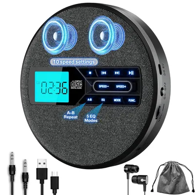 Produktbild von Tragbarer CD Player mit Akku, CD Player mit Lautsprecher und Anti-Shock Funktion, USB AUX Anschluss, LCD Display, für Zuhause, Auto und Lernen