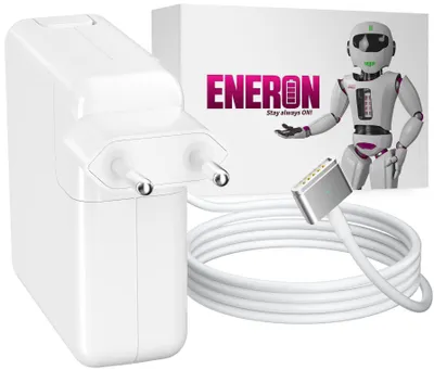 A white Apple MacBook charger and cable are shown next to a box with a robot graphic and brand logo.