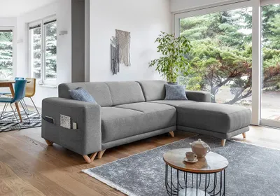Image de MIUFORM Classy Sophie - Canapé d'angle avec fonction lit et coffre de lit - 260x165cm - Gris - réversible - Canapé-lit Canapé