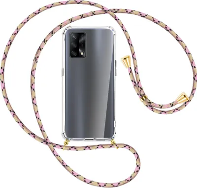 Produktbild von Handykette Backcover-Schutzhülle mit Band (Metall goldfarben) für Oppo A74 4G, Oppo F19 4G - rosa Karo