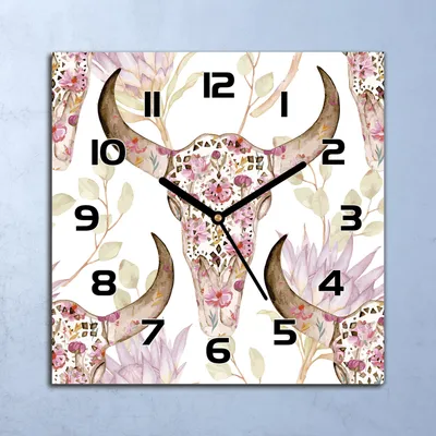 Produktbild von Wanduhr Echt-Glas-Küchenuhr Bullenschädel Blumen Quarz 30x30 Deko Bilder