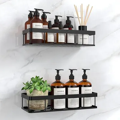 Produktbild von PolkaHome® 2er Set Duschregal ohne Bohren – Klebe Duschablage Edelstahl Schwarz, Badregal Wandregal für Badezimmer, Küche, Waschraum,