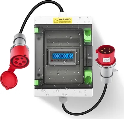 Produktbild von Mobiler Stromzähler - 3-phasiger Energiemesser - 16A 32A 380V - Digitaler kWh Zähler mit CEE Stecker und Kupplung - Echtzeit-Display - Weiß
