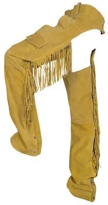 Die Herren Western Leder Chaps in ocker aus hochwertigem Rindsleder mit Fransen, Seitenschlitz und verstellbarem Rückenzug für komfortables Reiten oder Clubkostüme, jetzt kaufen.