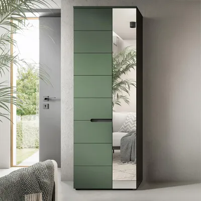 Produktbild von Flur Garderobenschrank mit 65 cm Breite in Grün & Grau, mit Spiegeltür & ausziehbarer Kleiderstange - CORTANA-158